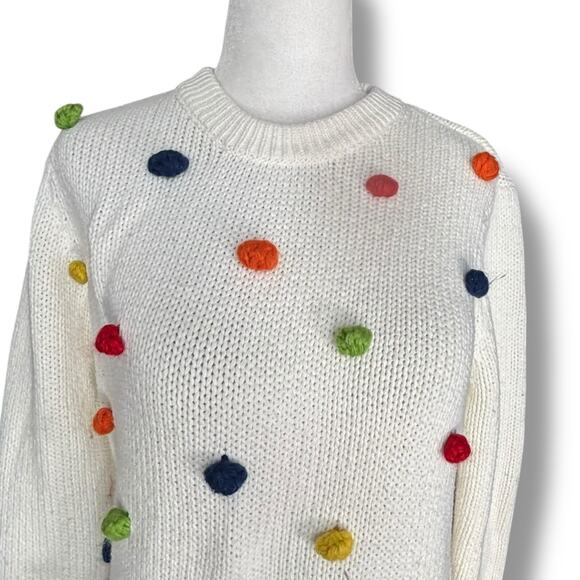 ModCloth White Knit Sweater Multicolor Rainbow Pom Poms Polka Dot Crewneck - Picture 2 of 9